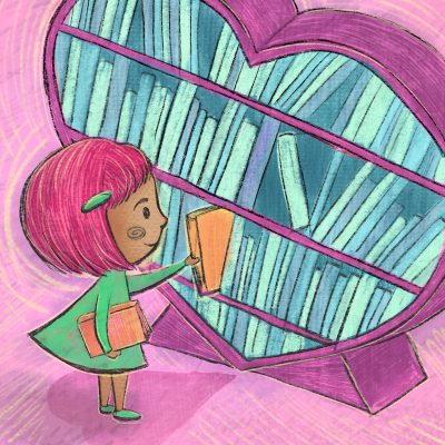 A gril removing a book from a heart shaped bookcase